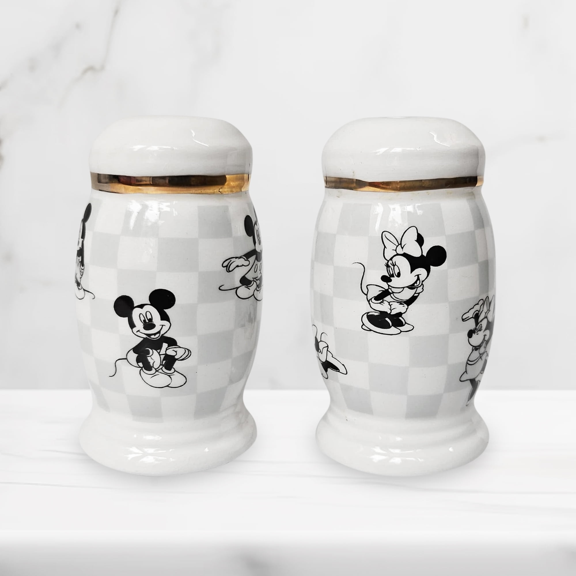 Disney Mickey and Minnie Mouse Checker's vintage look Salt and Pepper Shaker Set for salts and spices