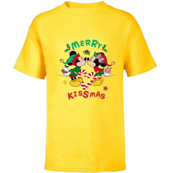 Disney Mickey and Minnie Mouse Christmas Love Merry Kissmas - Short Sleeve T-Shirt for Kids - Customized-Yellow
