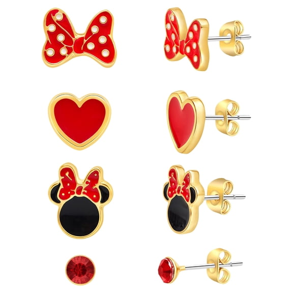 Disney Mickey and Minnie Mouse Classic Minnie Fashion Stud Earring - Classic Minnie, Red/Gold - 4 pairs