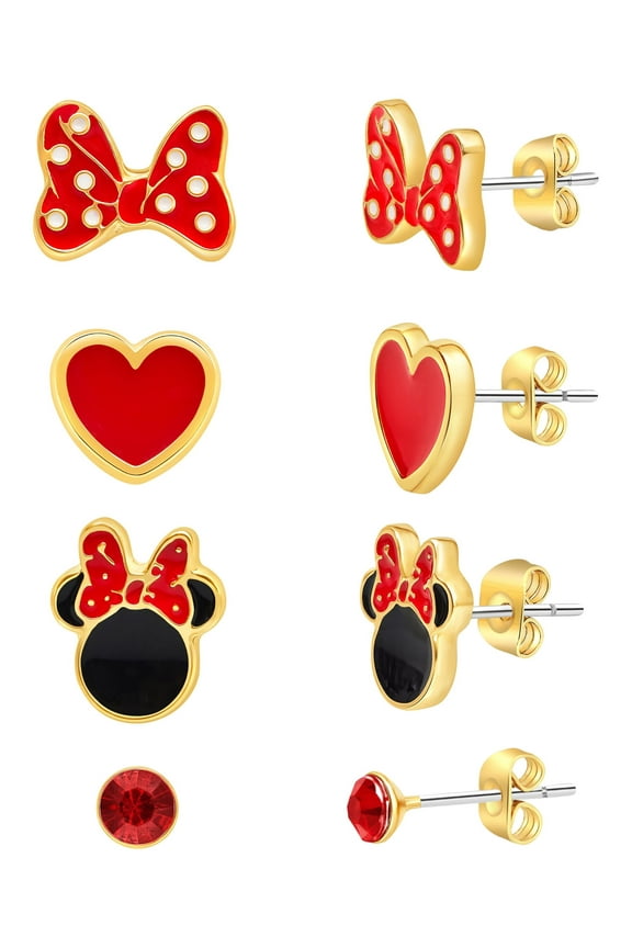 Disney Mickey and Minnie Mouse Classic Minnie Fashion Stud Earring - Classic Minnie, Red/Gold - 4 pairs