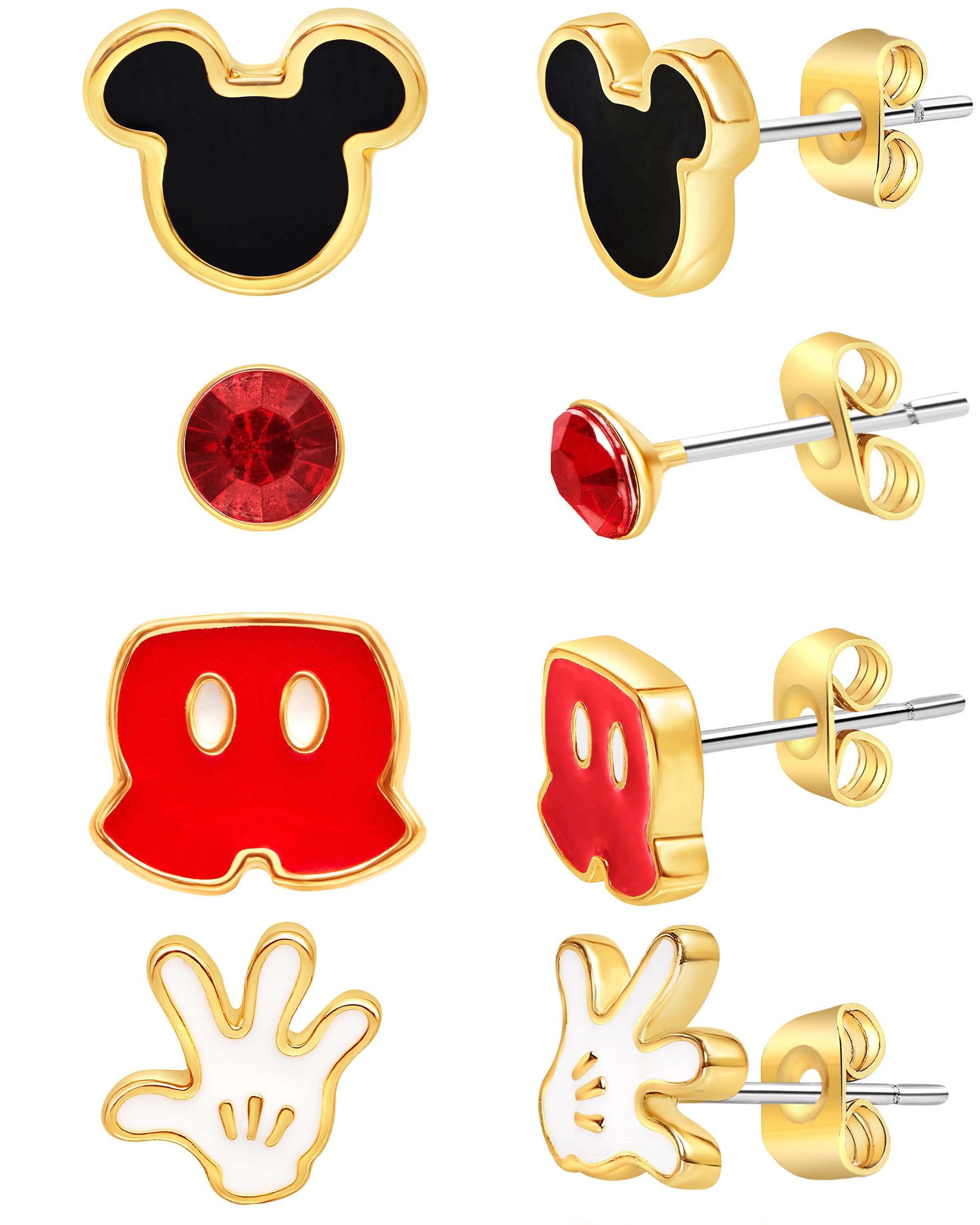Disney Mickey and Minnie Mouse Fashion Stud Earring - Classic Mickey, Black/Red/Gold - 4 pairs