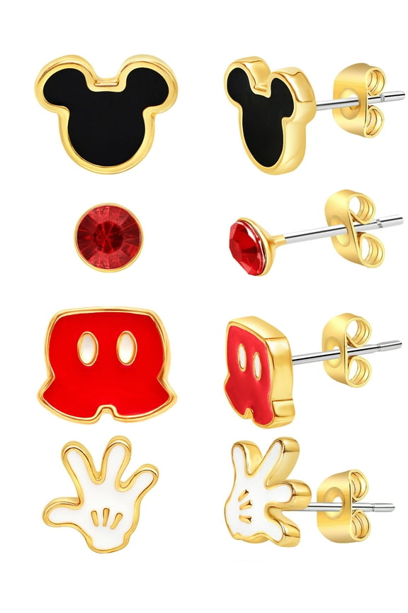 Mickey and Minnie Mouse Fashion Stud Earring - Classic Mickey, Black/Red/Gold - 4 pairs