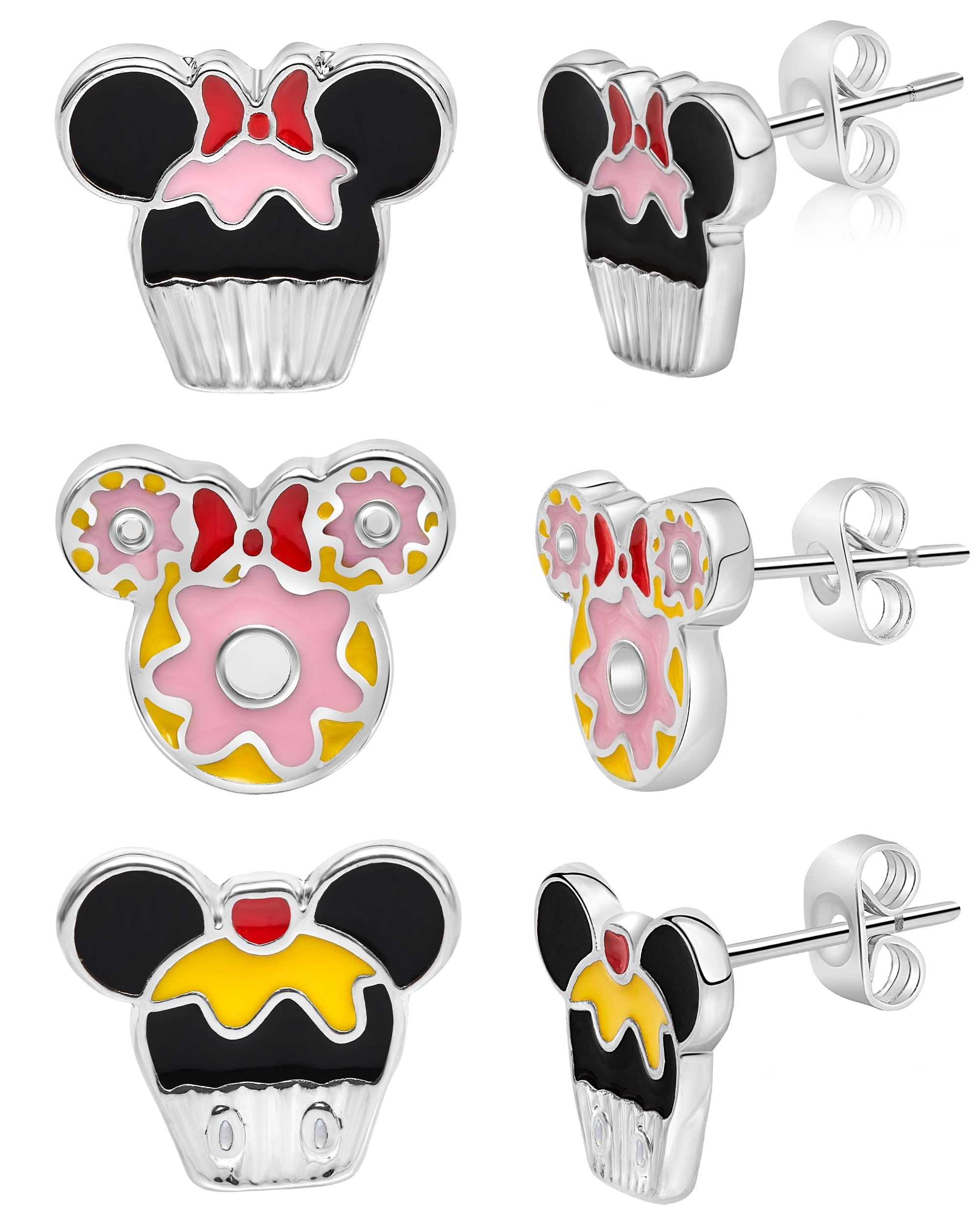 Disney Mickey and Minnie Mouse Fashion Stud Earring - Cupcakes and Donut, Silver/Pink - 3 pairs