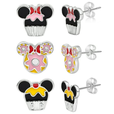 Disney Mickey and Minnie Mouse Fashion Stud Earring - Cupcakes and Donut, Silver/Pink - 3 pairs