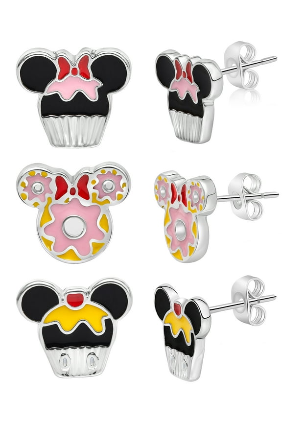 Mickey and Minnie Mouse Fashion Stud Earring - Cupcakes and Donut, Silver/Pink - 3 pairs