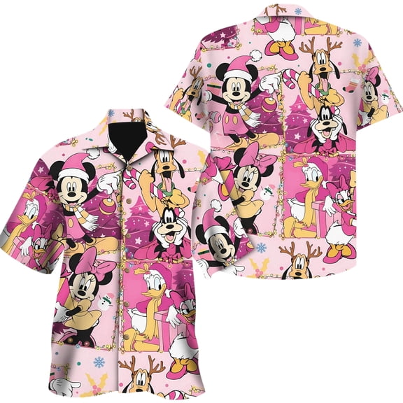 Disney Mickey and friends Pink Christmas Hawaiian Shirt, Mickey's Very Merry Christmas Party Button Shirt, Pink Mickey Candy Xmas Holiday