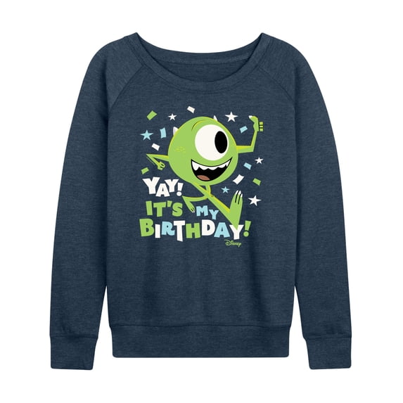 Disney - Mike Yay It's My Birthday Women's Lightweight French Terry Wide Neck Long Sleeve Graphic Shirt