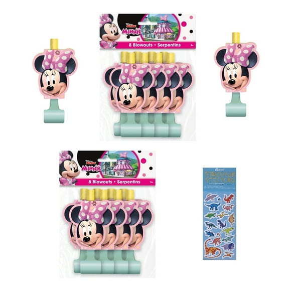 Disney Minnie Birthday Party Supplies Bundle Pack includes 16 Party Blowouts and 1 Dinosaur Sticker Sheet