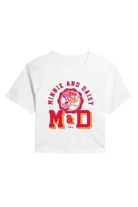- Minnie Daisy Letterman - Juniors Cropped Short Sleeve Graphic T-Shirt