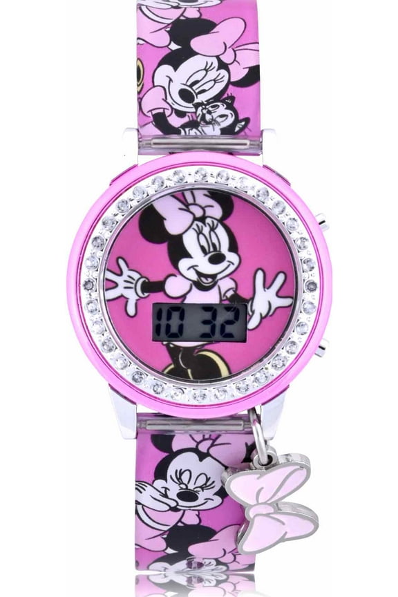 Minnie Light-up Dial LCD Watch Silicone Strap with Hanging Bow Charm (MN4404WM)