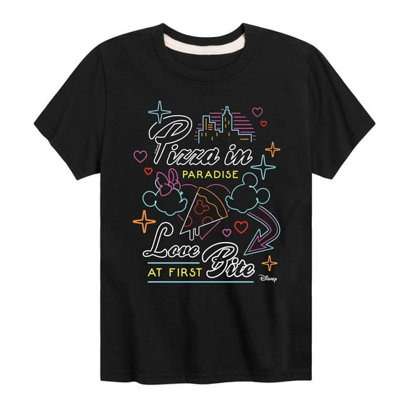 Disney - Minnie & Minnie - Love At First Bite - Pizza in Paradise - Youth Short Sleeve Graphic T-Shirt