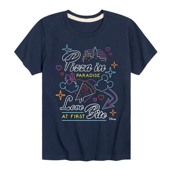 Disney - Minnie & Minnie - Love At First Bite - Pizza in Paradise - Youth Short Sleeve Graphic T-Shirt