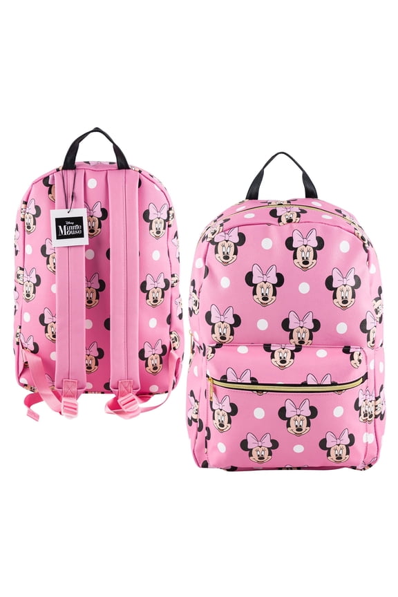 Minnie Mouse 16" Backpack, All-Over Print Pink Faux PU Leather School and Travel Bag