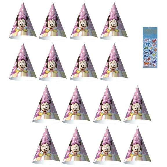 Disney Minnie Mouse 1st Birthday Supplies Bundle includes 16 Party Cone Hats, 1 Dinosaur Sticker Sheet