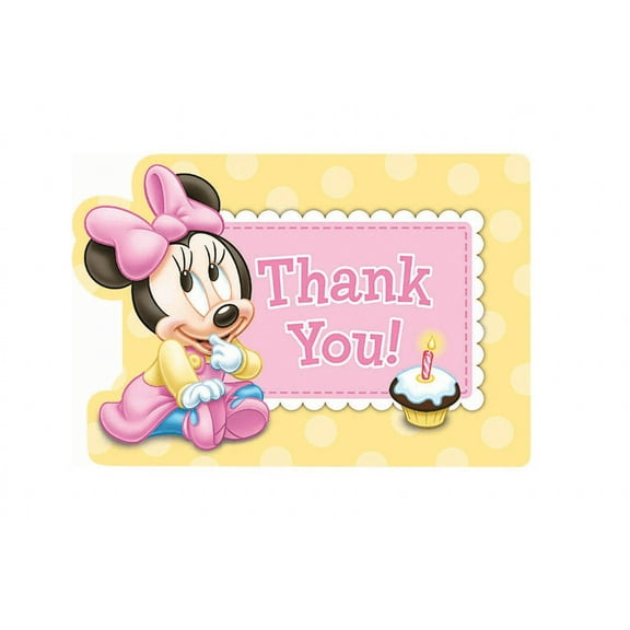 Amscan Minnie Mouse 1st Birthday Thank You Greeting Cards With Pink Envelopes - 8 Pack (4 1/4 x 6 1/4)