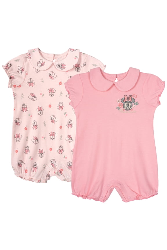 Disney Minnie Mouse Baby Girls' 2-Pack Short Sleeve and Sleeveless Bubble Romper Set Pink and Light Pink Minnie Mouse