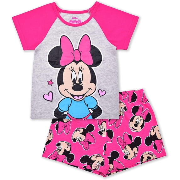 Disney Minnie Mouse 2 Pack Short Sleeves Tee and Shorts Set for Girls, Kids Outfit Bundle
