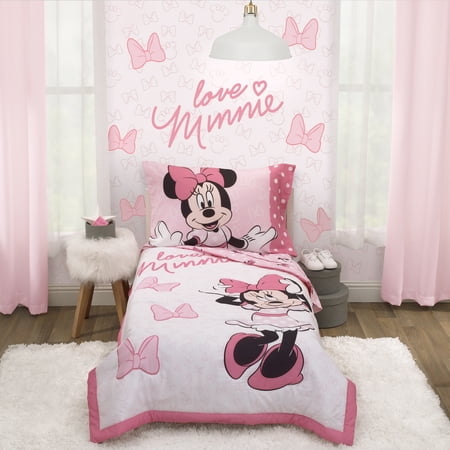 Disney Minnie Mouse 4-Piece Love Minnie Toddler Bedding Sets, Toddler Bed, Pink