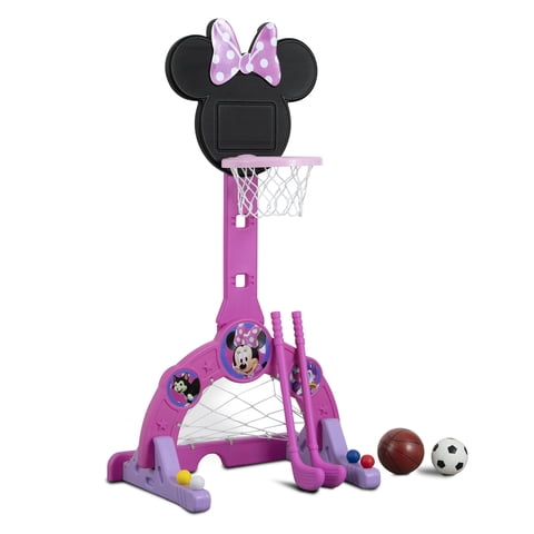 Disney Minnie Mouse 4-in-1 Sports Center  Adjustable Basketball Hoop, Soccer/Hockey Net & Golf, Pink