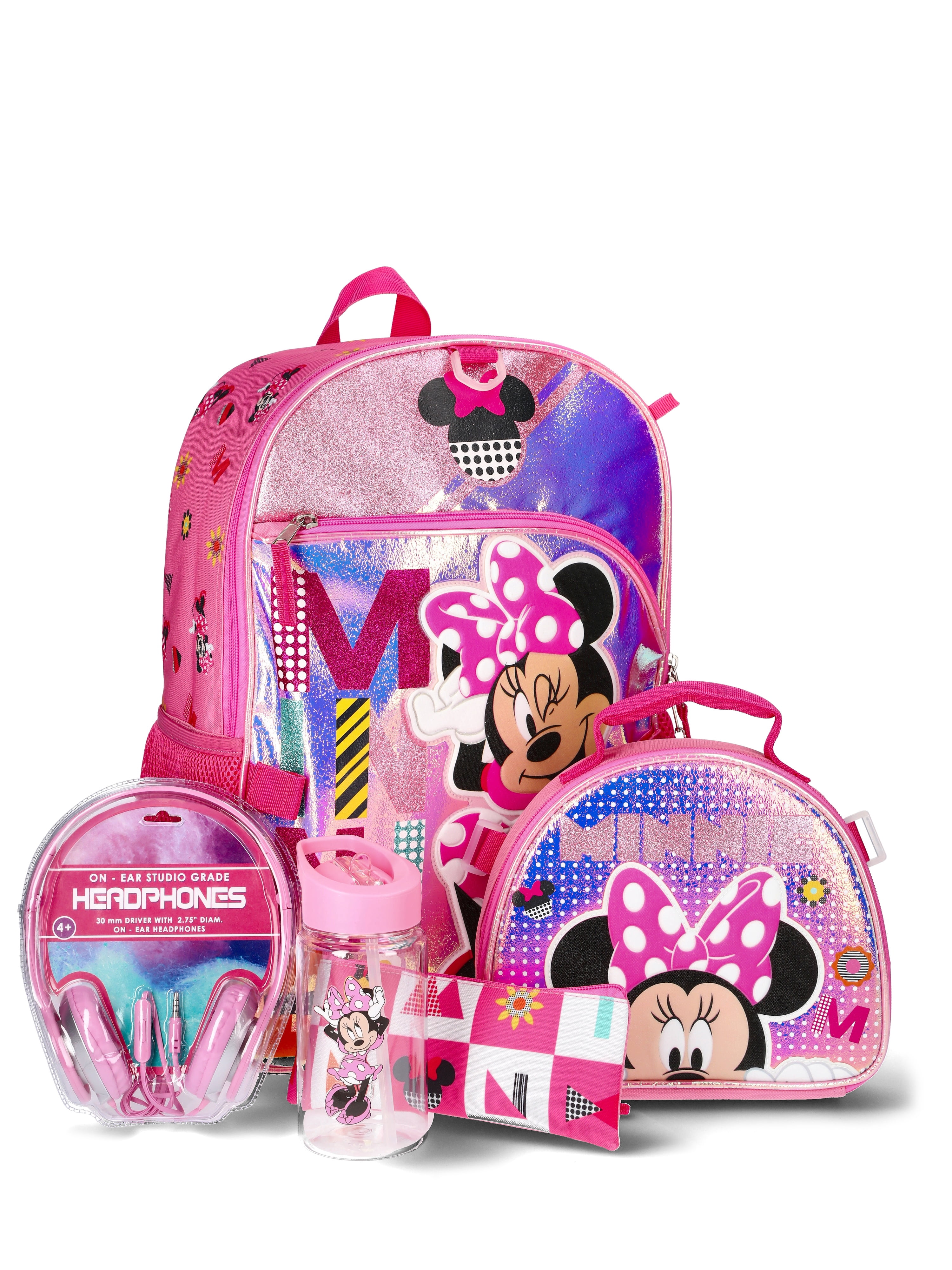 Disney Minnie Mouse Kids Backpack with Headphones, 6-Piece Set, Pink