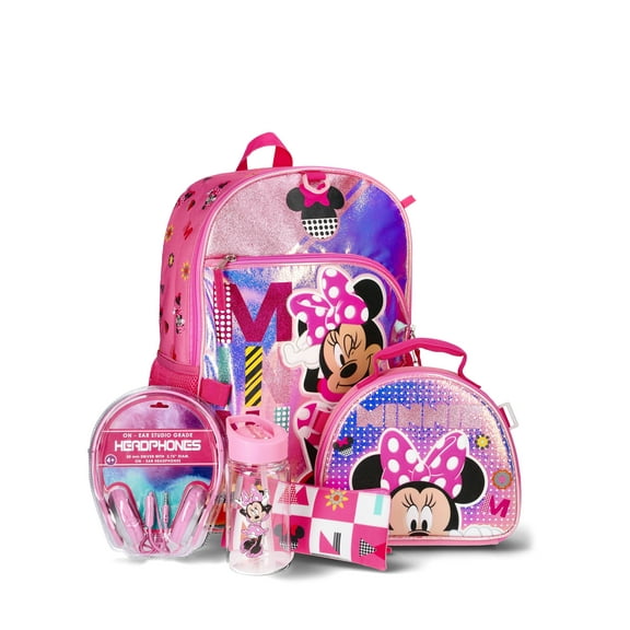 Disney Minnie Mouse Kids Backpack with Headphones, 6-Piece Set, Pink