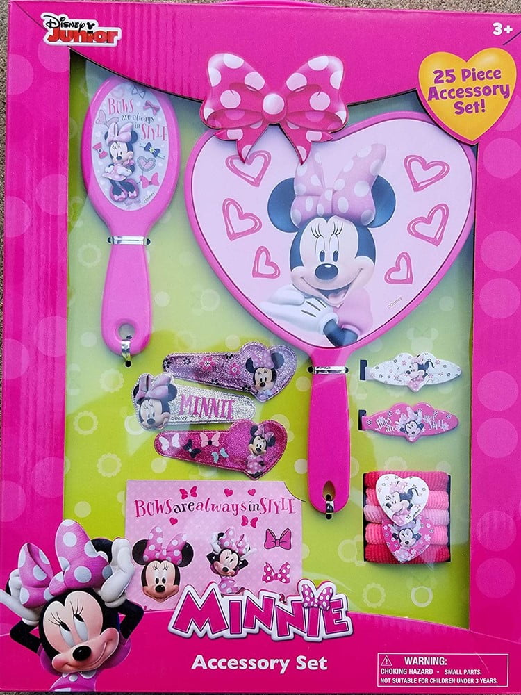 Disney Minnie Mouse Accessory Set with Snap Clips, Barrettes, Brush, Mirror & Terry Ponies