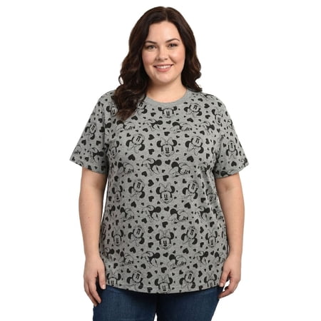 Disney Women's Plus Size Minnie Mouse T-Shirt Gray Tee Hearts All-Over Print