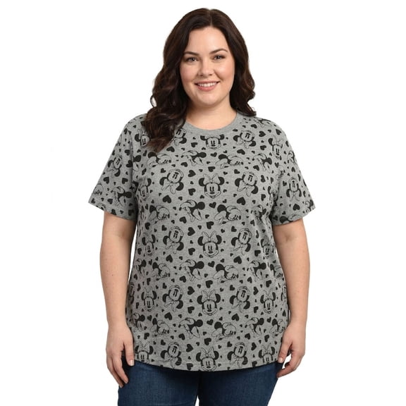 Disney Women's Plus Size Minnie Mouse T-Shirt Gray Tee Hearts All-Over Print