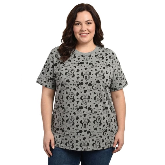 Disney Women's Plus Size Minnie Mouse T-Shirt Gray Tee Hearts All-Over Print