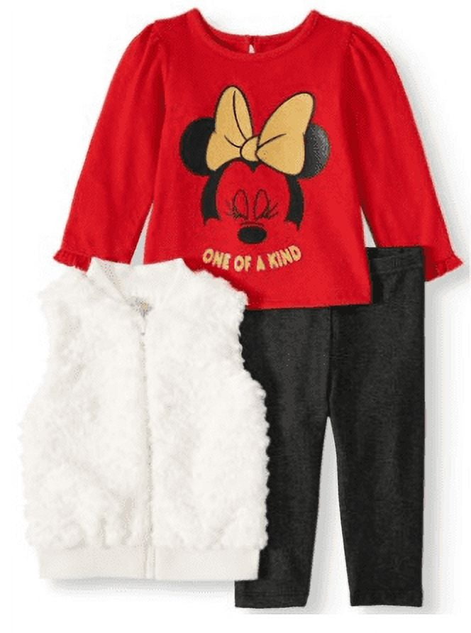 Disney Minnie Mouse Baby Girl Fur Vest, Jersey Top, and Legging, 3pc