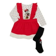 Disney Minnie Mouse Baby Girl Top, Pinafore and Tights Outfit Set, 3-Piece, Sizes 0/3-24 Months