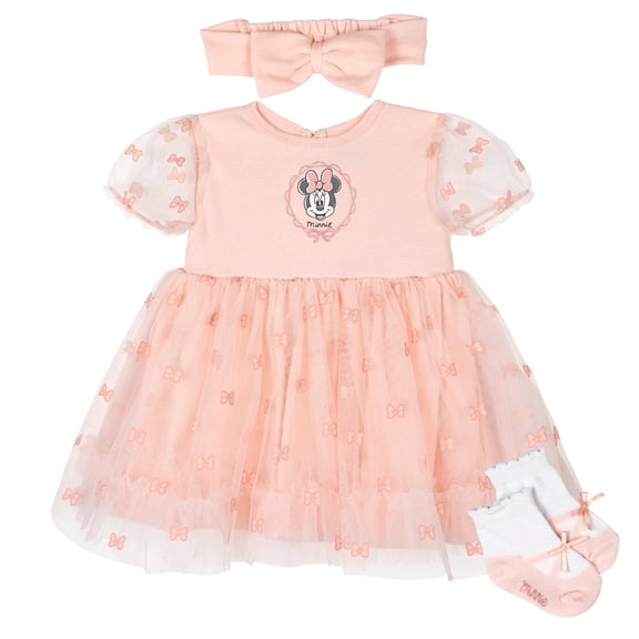 Disney Minnie Mouse Baby Girls' 3-Piece Bodysuit Dress, Headband, and Socks Set Gossimer Pink Minnie Mouse