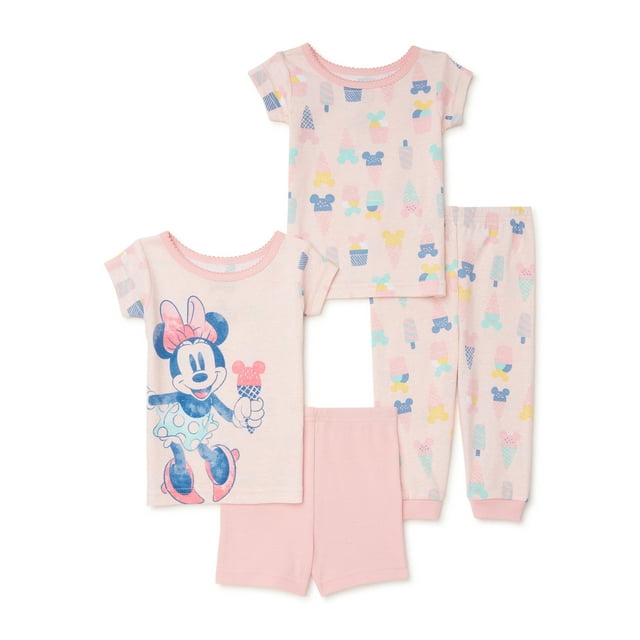 Disney Minnie Mouse Baby and Toddler Girls Tops, Pants and Shorts, 4-Piece Cotton Pajama Set, Sizes 9M-24M