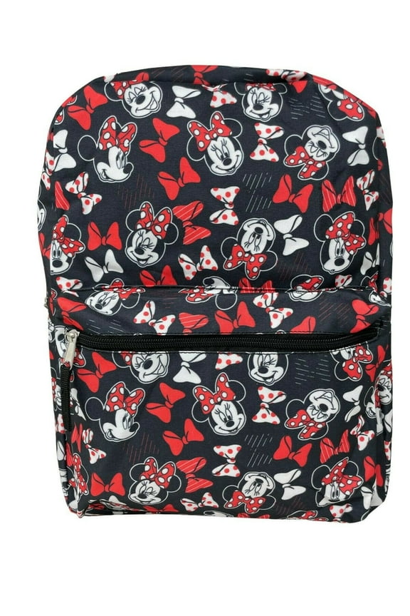 Disney Minnie Mouse Backpack 16" All-Over Print Bows Front Pocket Women Girls