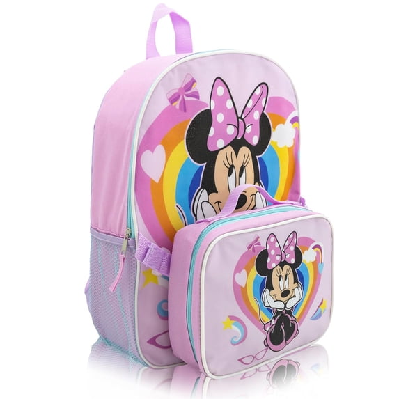 Disney Minnie Mouse Backpack with Lunch Box Set for Girls 15" School Bookbag & Insulated Lunch Bag with Rainbow Design Pink Backpack Set Ages 3+