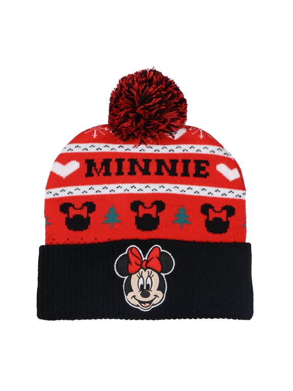 Disney Minnie Mouse Beanie Fair Isle Knit Design Cuffed Winter Hat with Pom