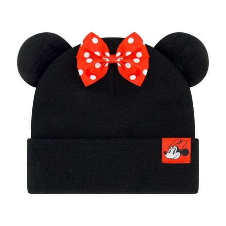 Disney Minnie Mouse Beanie Hat, Faux Fur Cuffed Winter Knit Cap with 3D Ears and Bow, Black, One Size