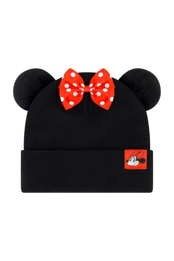 Disney Minnie Mouse Beanie Hat, Faux Fur Cuffed Winter Knit Cap with 3D Ears and Bow, Black, One Size