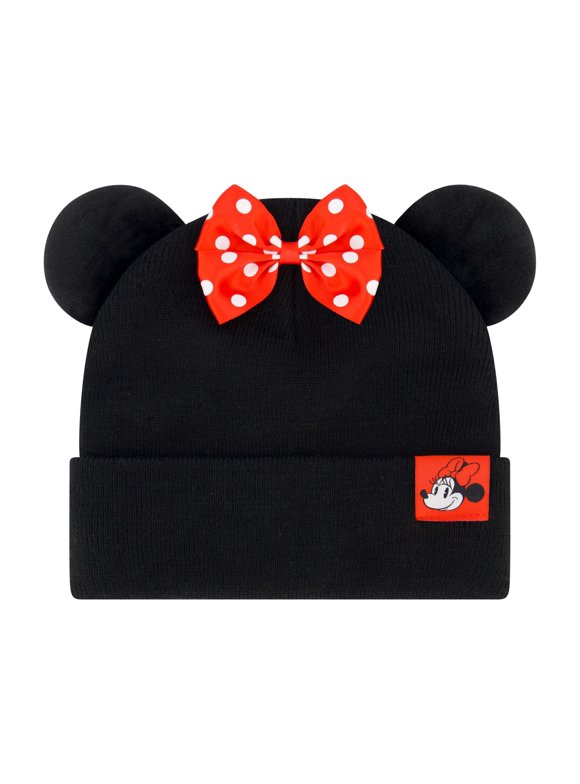 Minnie Mouse Beanie Hat, Faux Fur Cuffed Winter Knit Cap with 3D Ears and Bow, Black, One Size