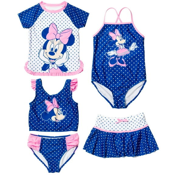 Disney Minnie Mouse Big Girls One Piece Bathing Suit Bikini Top Rash Guard Modest Swimsuit Skirt and Bottom 5 Set Toddler to Big Kid