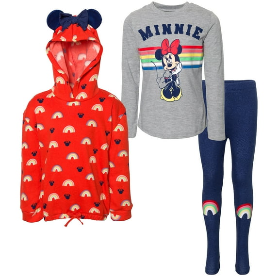 Disney Minnie Mouse Big Girls Pullover Fleece Hoodie T-Shirt and Leggings 3 Piece Outfit Set Infant to Big Kid
