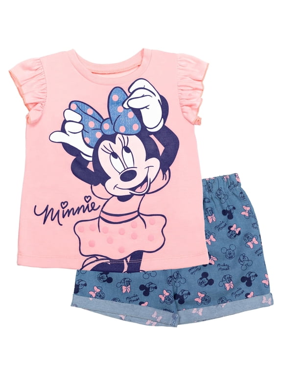 Nautinati Girls Minnie Mouse Printed Regular Fit Round Neck T-shirt and Skirt Co-ord Set