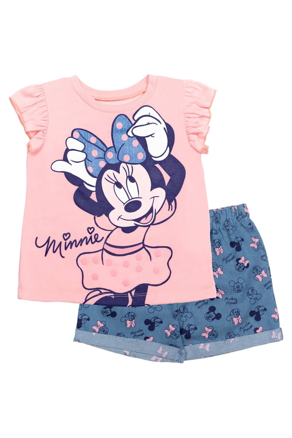 Minnie Mouse Big Girls' 2-Piece Top and Shorts Set Pink Chambray Mickey