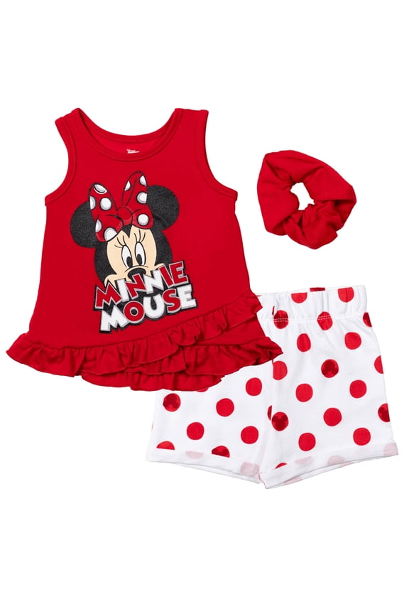 Minnie Mouse Big Girls Tank Top French Terry Shorts and Scrunchie 3 Piece Outfit Set Infant to Big Kid