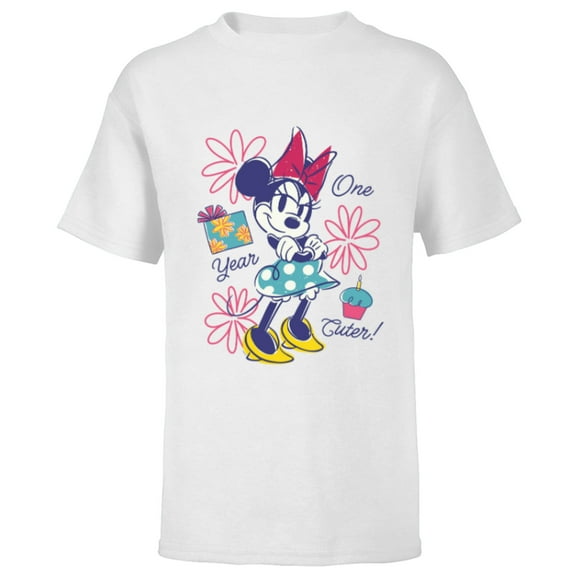 Disney Minnie Mouse Birthday Doodles One Year Cuter - Short Sleeve T-Shirt for Kids - Customized-White