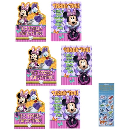 Disney Minnie Mouse Birthday Party Supplies Bundle includes 24 Party Invitations with Envelopes, 24 Thank You Postcards, 1 Dinosaur Sticker Sheet