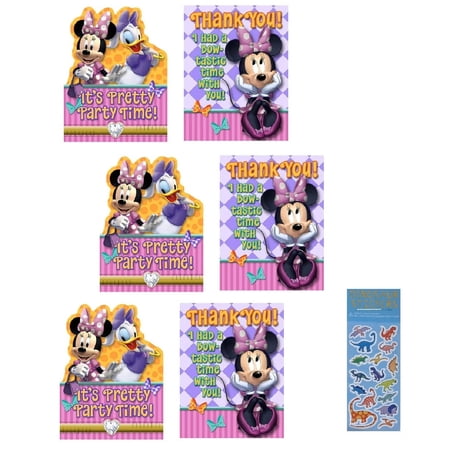 Disney Minnie Mouse Birthday Party Supplies Bundle includes 24 Party Invitations with Envelopes, 24 Thank You Postcards, 1 Dinosaur Sticker Sheet
