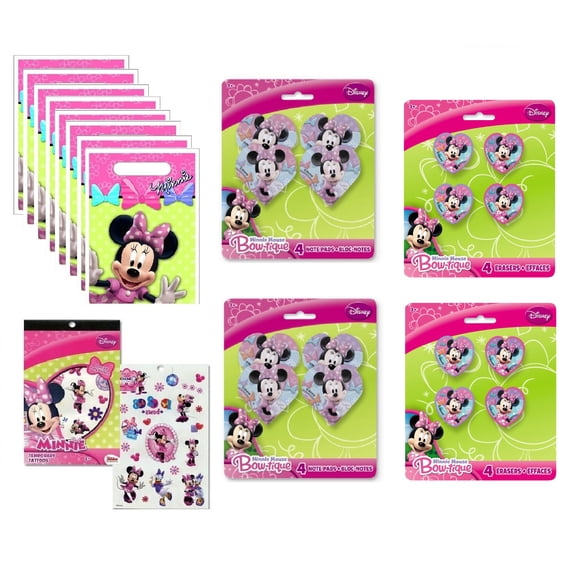 Disney Minnie Mouse Birthday Party Supplies Bundle includes 8 Loot Bags, 8 Notebooks, 8 Erasers, Tattoo Book with over 50 Tattoos, 1 Dinosaur Sticker Sheet