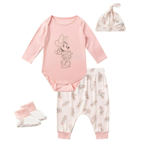 Disney Minnie Mouse Bodysuit, Legging Pants, Booties and Hat (Infant), 4 Piece Set, Sizes 3M - 9M
