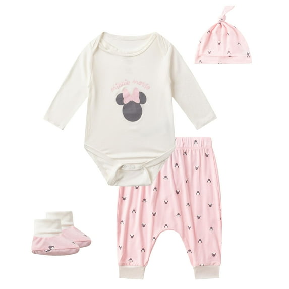 Disney Minnie Mouse Bodysuit, Legging Pants, Booties and Hat (Infant), 4 Piece Set, Sizes 3M - 9M